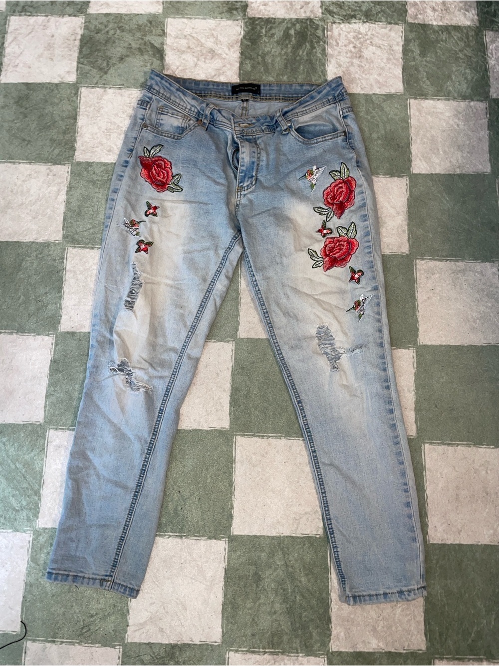 Light Wash Boyfriend Jeans with Red Rose Embroidery